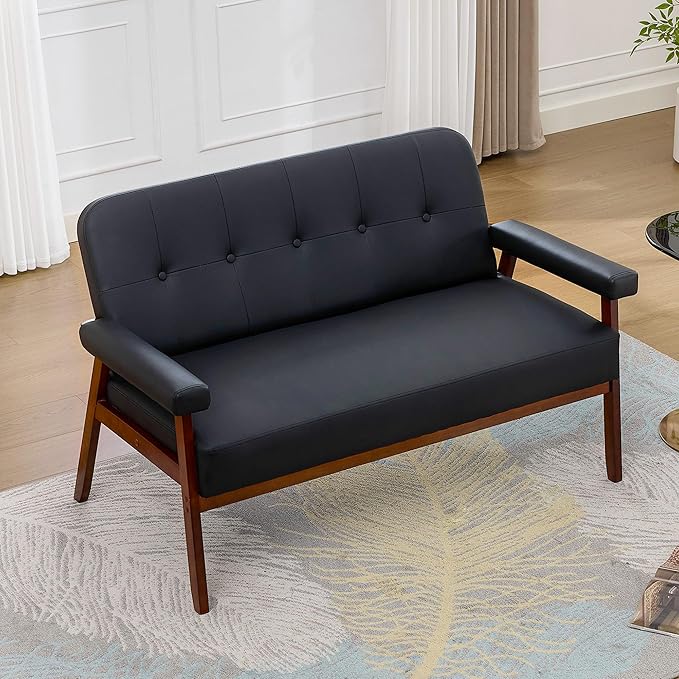 JIASTING 50” Black Leather Loveseat Sofa Mid Century Modern Small Office Love Seat Couch with Wood Arms Two Seater Couches for Small Spaces Living Room Waiting Room Bedroom Black