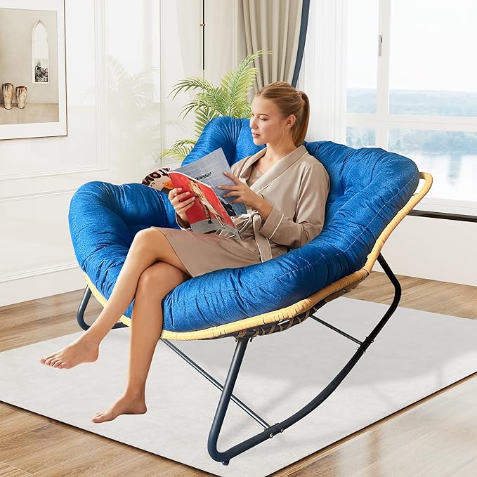 Outdoor Rocking Chair Patio Egg Rocking Chair Indoor Papasan Chair Rattan Wicker Lounge Chair Modern Royal Chair for Bedroom Living Room Porch GardenLawn-Beige (Blue)