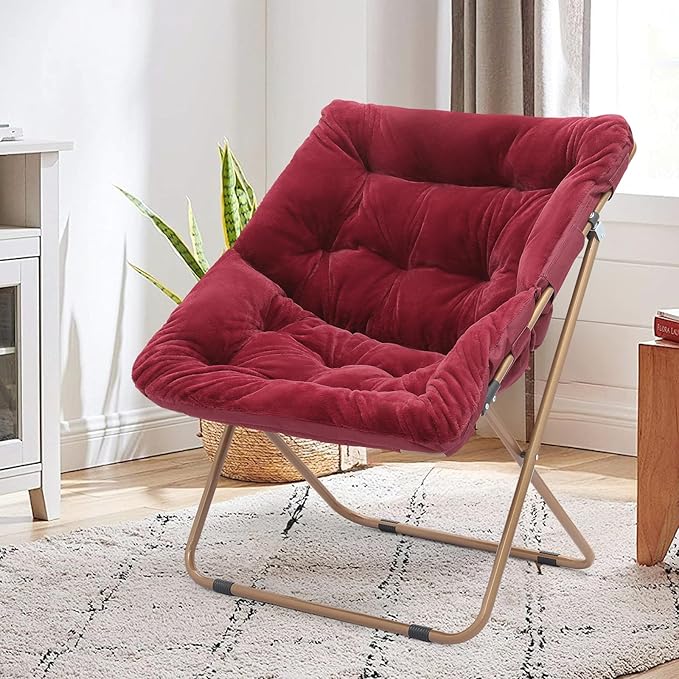 Foldable Oversized Moon Chair Large Soft Lazy Cozy Comfortable Faux Fur Square Saucer Moon Chair for Teens and Adults Burgundy