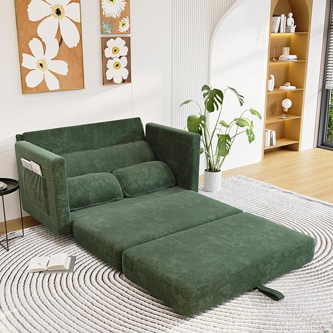 Convertible Sofa Bed Loveseat Sleeper Sofa with Side Storage &amp Solid Wood Frame Corduroy Small Couch Bed for Small Space Pull Out Floor Couch for Apartment Guest (Green 51)