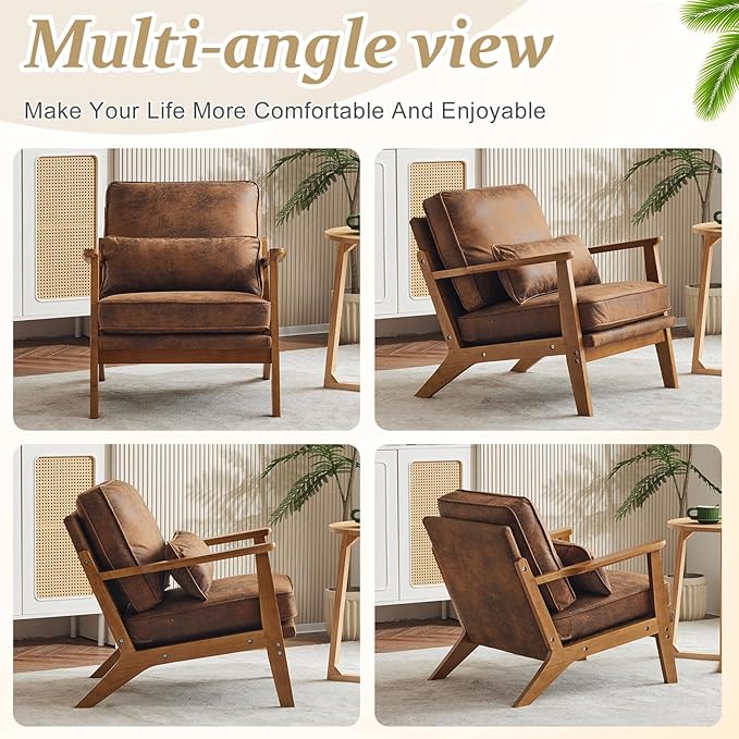 VINGLI Solid Wood Wide Armrests Accent ChairUpholstered Mid Century Modern Chair with PillowComfy Reading Chair Farmhouse Arm ChairChairs Living RoomBedroomGuest RoomSuedeRustic