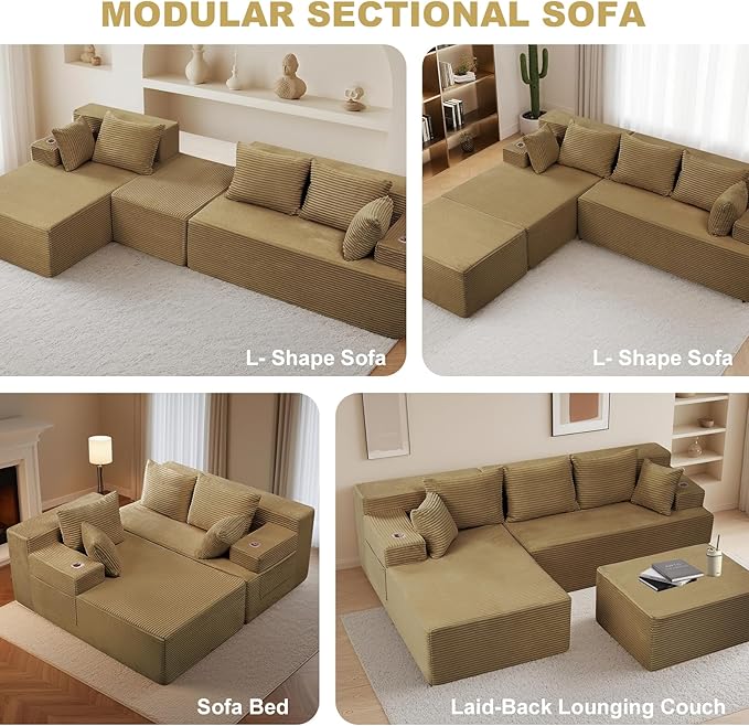 Boneless Couch Cloud Modular Sectional Sofa Modern Convertible L Shaped 3 Seat Corduroy Deep Seat Boneless Couches with 5 Pillows for Living Room Apartment (Brown Left Facing Chaise+Ottoman)
