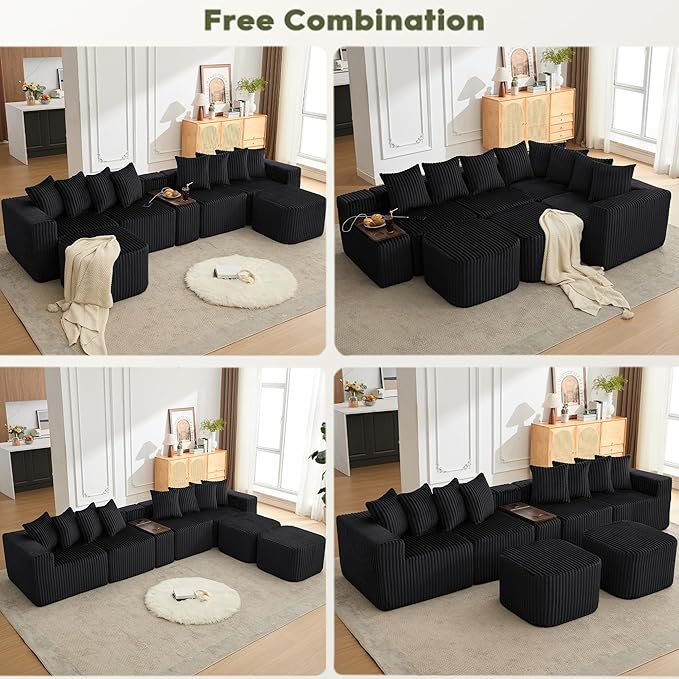 137.5 U Shaped Sofa Couch with USB Wireless Charge &amp Coffee Table Board with a Cup Holder 6 Seats Oversize Modular Corduroy Sectional SofaNo Assembly Black