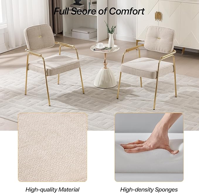 Accent Chair Dining Chair Set of 2 Chenille Upholstered Armchair Reading Side Chair Comfy Living Room Chair with Gold Metal Legs for Bedroom Waiting Room Beige