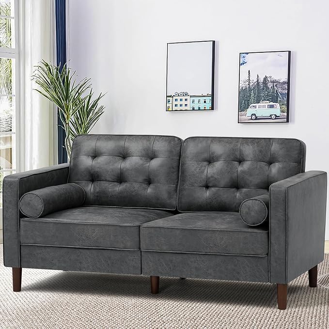 67 Suede Leather 2 Seater Sofa with Two Bolster Pillows Tufted Sofa with Wooden Legs Mordern Couch for Living Room Office Apartment Grey