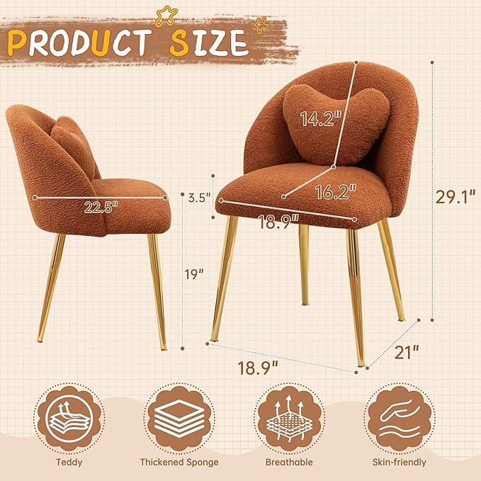 Vanity ChairAccent Makeup Comfy Cute Desk Girls Fluffy Chairs for Bedroom No Wheels Gold Metal Legs Stool (Teddy Brown)