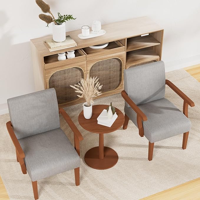 Fabric Accent Chair Set - Arm Chairs Set of 2 with Wood Side TableLiving Room Chairs with Soft Seat for Reading RoomBedroomWaiting RoomOffice(Light Gray)
