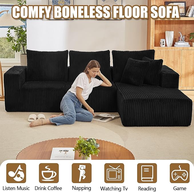 Cloud Sectional Couch with L-Shape Chaise Modern Modular Sofa with Deep Seat Upholstered Corduroy Cloud Sofas Boneless Couches for Living Room No Assembly Required (Black Right Facing Chaise)