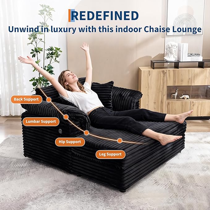 Oversized Chaise Lounge Chair Indoor Upholstered Sofa Bed with Throw Pillows and Armrests Comfy Corduroy Sleeper Couch with Cup Holders and Charging Port for Living Room Bedroom 60 Inch Wide Black