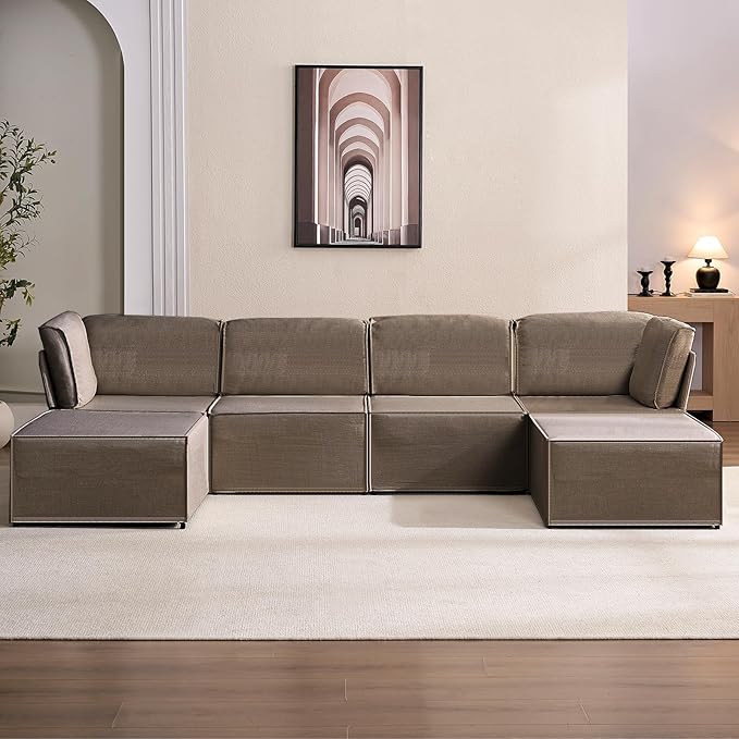 CECER Modular Sectional Sofa U Shaped Convertible Couch Sofa with Reversible Chaises Queen Sleeper Sofa Modular Oversized Sofa Couches for Living Room (Brown)
