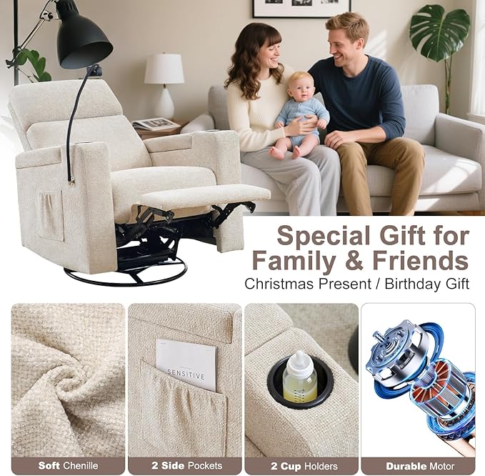 ABCASA Power Recliner Chair Swivel Glider Set of 2 Nursery Glider Recliner Chenille Rocking Recliner Chair with Adjustable Phone Holder Hidden Arm Storage USB &amp Type-C for Living Room Light B