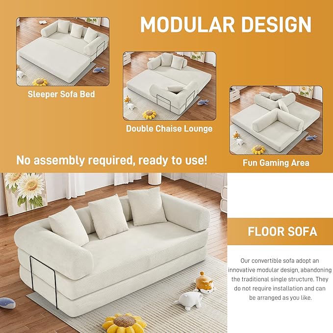 Convertible Sofa Bed Corduroy Memory Foam Compression Sofa Modular Floor Sofas with Pull-Out Bed Compressed Couch in Box Foldable Sleeper Couch Bed for Living Room Bedroom Lounge Beige White