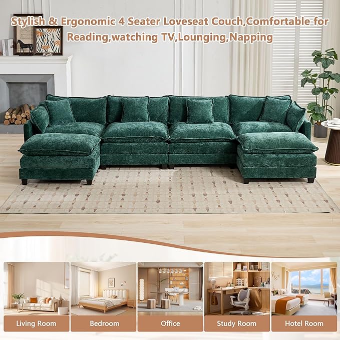 Aoowow Chenille U Shaped Sofas with Deep SeatModular Sectional 4 Seater Cloud Couch with Ottoman Set for Living Room149.6 Fluffy U-Shaped Corner Couches with Chaise Lounges (Green 4+2)