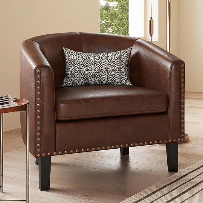BELLEZE Accent Barrel Chair Modern Faux Leather Tub Club Chair Upholstered Armchair with Gold Nail Head Trim and Black Legs for Living Room Bedroom Apartment Lounge - Brown