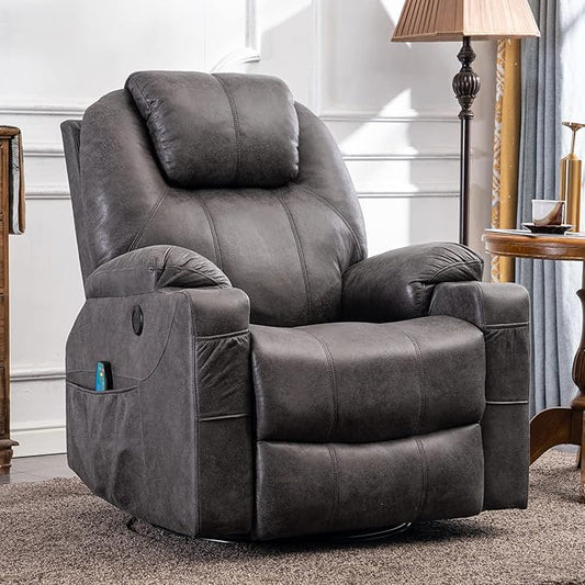 Swivel Glider Rocker Recliner Chair with Heated Massage Ergonomic Lounge 360 Degree Manual Swivel Sofa Seat with 2 Cup Holders Side Pockets &amp USB Ports for Living Room (Gray)