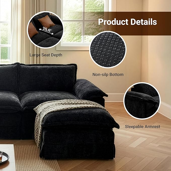 Claiks 123 Modular Boneless Couch U Shaped Couch for Living Room Modern Deep Seat Sofa 3 Seater Chenille Fabric Comfy Cloud Couches with Movable Ottoman Black