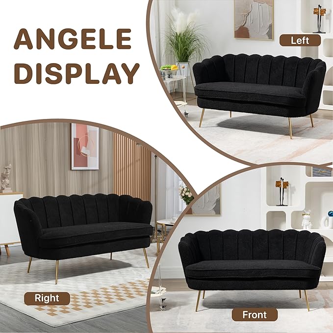 Mlmh &amp Kngwa Sherpa Boucle 2-Seater Sofa 59 Loveset Settee with Gold Metal Legs Comfy Upholstered Floral Mini Couch Sofa for Bedroom Living Room Apartment Black