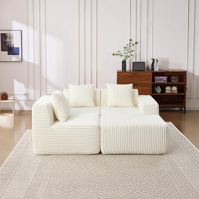 101 Cloud Couch Boneless Modular Sofa Compression Memory Foam Sectional Couches Comfy Corduroy L Shaped Sofas with Chaise Lounge for Living Room No Assembly Required (Beige 101in)