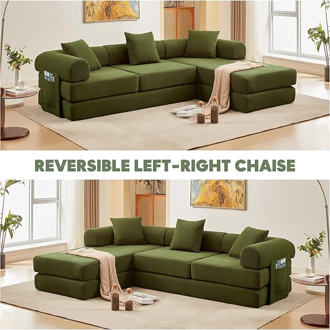 L Shaped Modular Sofa Bed with Cylindrical Pillow &amp Reversible Chaise Corduroy Folding Floor Convertible Sofa Couch Bed with Fixed-Shape Frame &amp Storage Pocket for Living Room Green