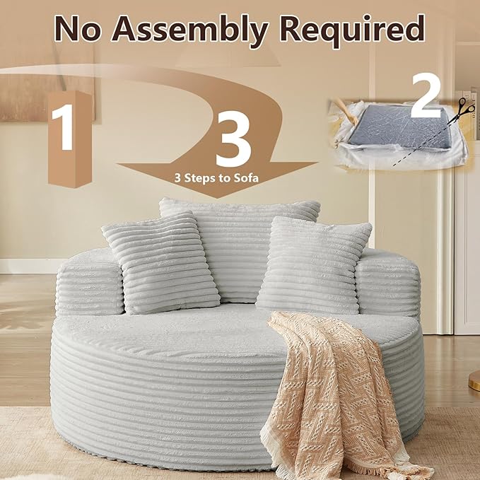 55''Oversized Round Chair Lounge Chaise IndoorCloud Boneless Large Circle Chair with Plush CorduroyNo Assembly RequiredFluffy Modern Sleeper Sofa Bed for ReadingLiving Room(GreyFabric Upgrade)
