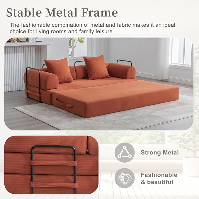 4‑in‑1 Convertible Sleeper Sofa Bed DIY Combination Floor Sofa Lounge Couch with Cylindrical Pillow Corduroy Futon Folding Mattress Couch for Apartment Bedroom Playroom Orange
