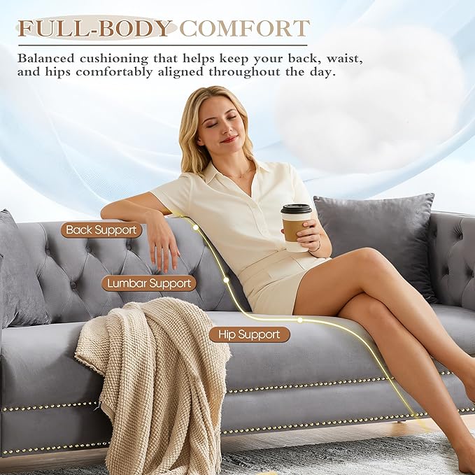 2 Piece Chesterfield Sofa Comfy Velvet Button Tufted Mid Century Modern Couch Set White Cloud Futon Loveseat Gold Legs &amp Nailhead Deep Seat Sofas for Living Room Office (Grey 3 Seater Set of 2