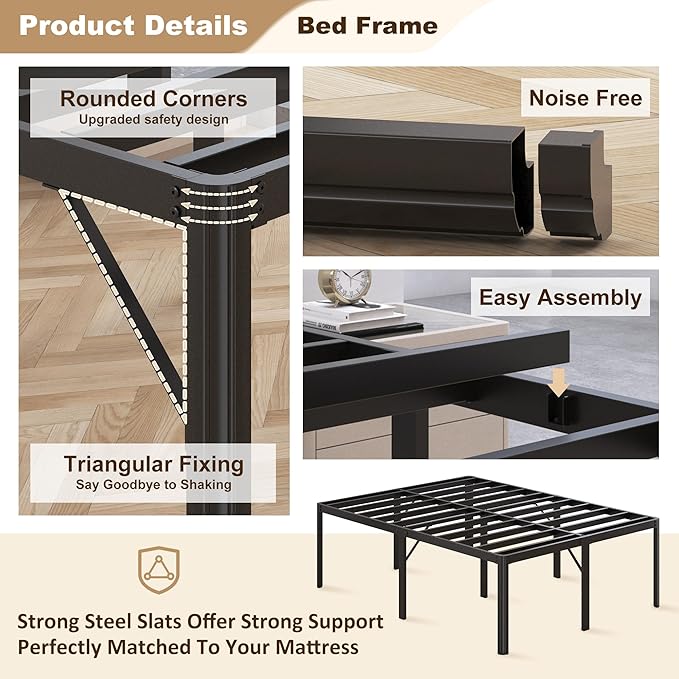 24 Inch High King Bed Frame with Rounded Corner Heavy Duty Metal Bed Frame King Under-Bed Storage Space No Box Spring Needed Noise Free Easy Assembly Black