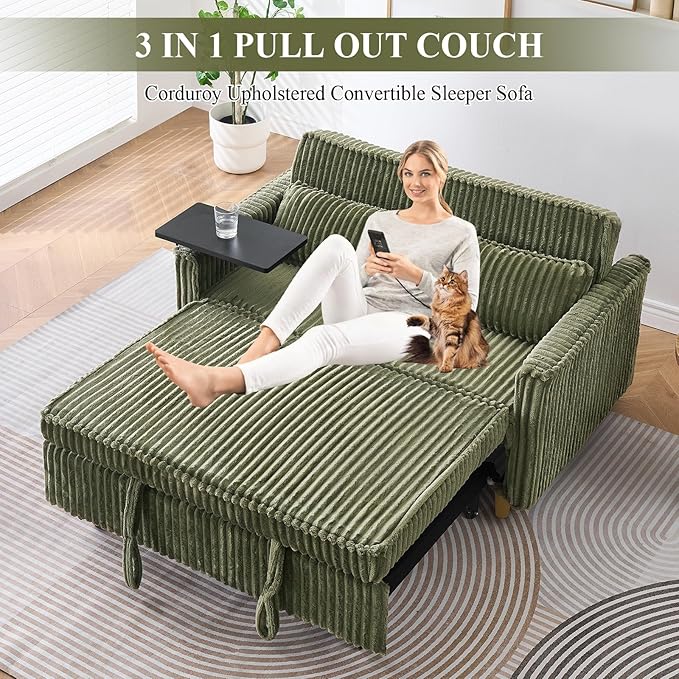 3 in 1 Pull Out CouchCorduroy Upholstered Convertible Sleeper Sofa Bed with Movable Side Table Modern Multifunctional Sofa with USB Port Cushioned Couch for Living Room (Green)