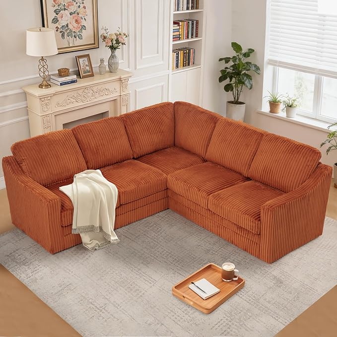 89 Inches Corduroy Sectional Sofa with High Density Sponge Modern 5 Seats Corner Couch with Deep Seat Comfy Modular L Shaped Couch with Comfortable Back Cushions for Living Room Orange