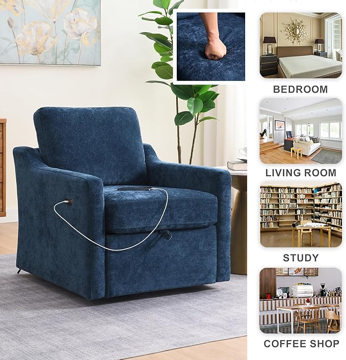 30 Oversized Swivel Barrel Chair – Chenille UpholsteredComfy Reading Arm Chair with USB Charging &amp Under-Seat Storage360° Rotating Accent Chair for NurseryLiving Room &amp Office (Navy Blue)