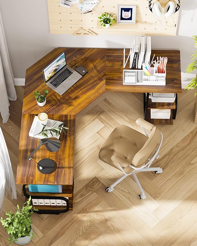 Teraves Modern L Shaped Desk with Shelves64.84 Computer/Gaming Desk for Home OfficeCorner Desk with Desktop (Teak+Black Frame Large+4 Tier Shelves)