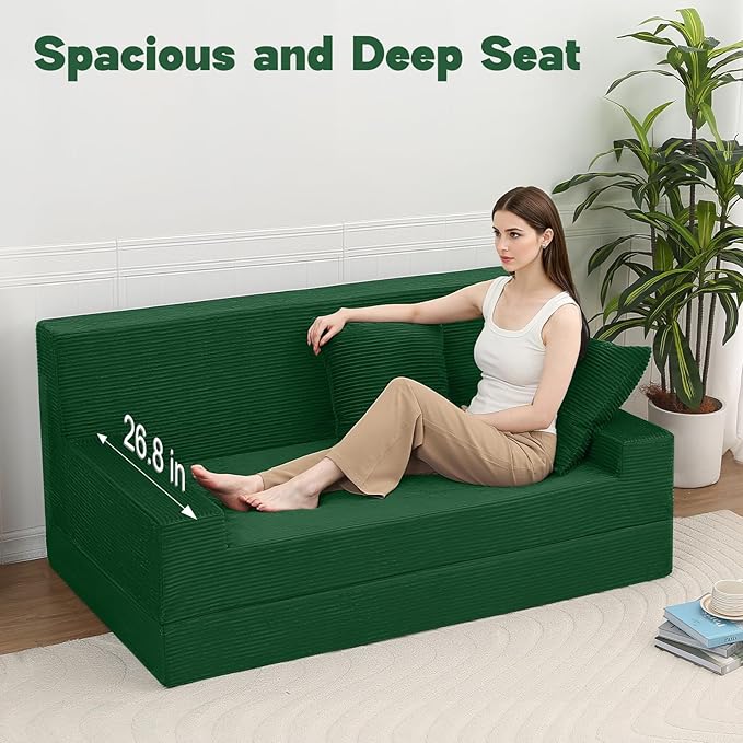 MeMoreCool Corduroy Loveseat Sleeper Sofa – Green Boneless Fold-Out Couch Bed with Foam Core Convertible Floor Futon with Pillow &amp Washable Cover for Small Spaces Bedroom Guest Room