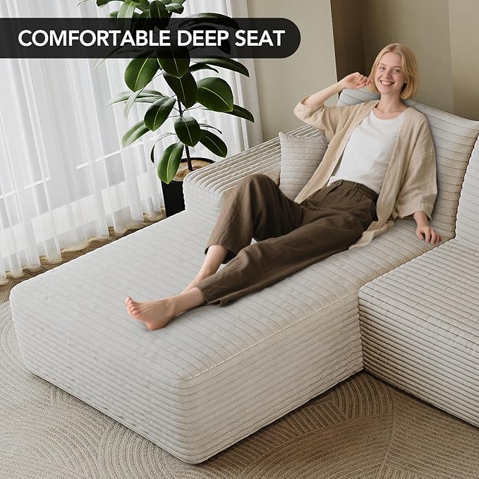 107.7 Boneless Sectional Couch Modern Modular L - Shape Corduroy Upholstered Sofa for Living Room - Deep Seat with Chaise (White 2 Seater+Left Facing Chaise)