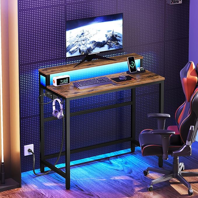 Small Computer Desk with Charging Station and LED Lights Gaming Desk with Monitor Stand 2-Tier Home Office Desk with 4 Side Hooks for Living Room Home Office Rustic Brown DN01UDBRY2