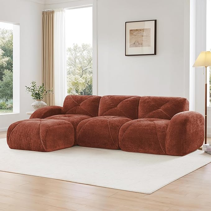 110-Inch Cloud Sectional Couches L-Shaped 4 Seat Boneless Modular Sofa with Ottoman Velvet Tufted Upholstered Boneless Couch Floor Full Foam Sofas for Living Room