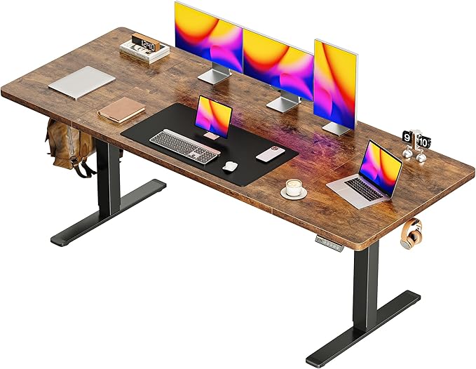 Huuger 71 x 30 Large Electric Standing Desk Height Adjustable Computer Desk 29.5 Deep Desktop Stand up Gaming Office Table with 2 Hooks 3 Preset Heights for Home Office Rustic Brown