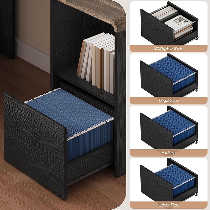 60 L Shaped Desk with File Drawer Modern Corner Computer Desk with Storage L Shape Home Office Desk Executive Desk with Power Outlets Storage Shelves File Cabinet for Working Writing Black