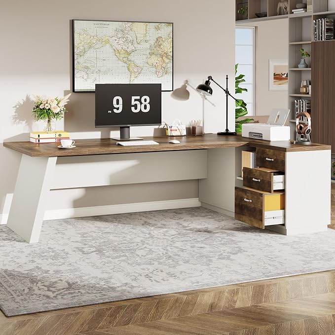 Tribesigns 78 L-Shaped Executive Desk Large Modern Office Desk with Drawers and Lateral File Cabinet Business Furniture with Storage Shelves Big Computer Desk for Home Office (Brown + White)