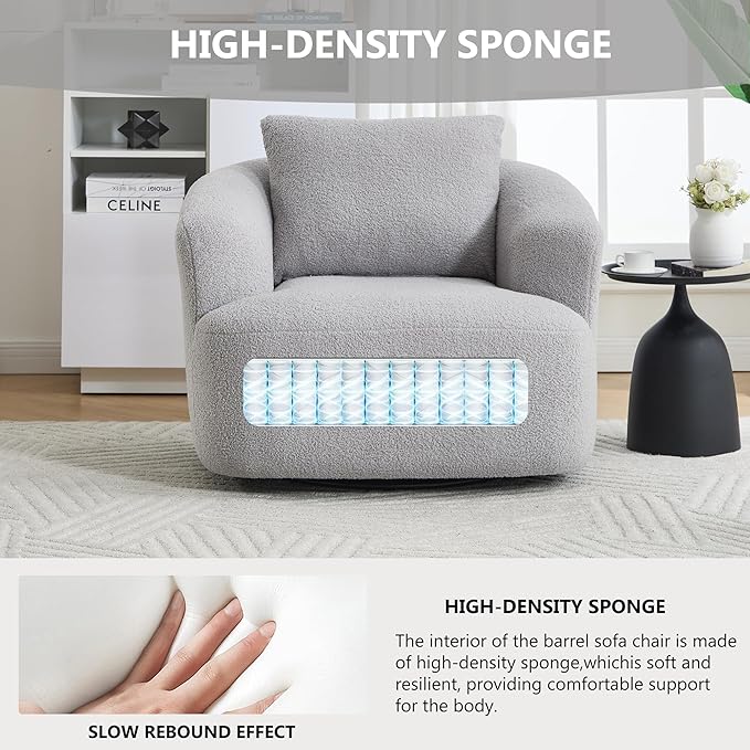 PELUMY Swivel Accent Chair Modern Round Barrel Chair Soft Teddy Fleece Fabric Swivel Chair for Living Room 360 Rotating Small Space Comfort Reading Chair No Tools Assembly (Light Grey)