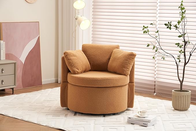 Fabric Swivel and Storage Chair with Back Cushion for Living RoomKhaki