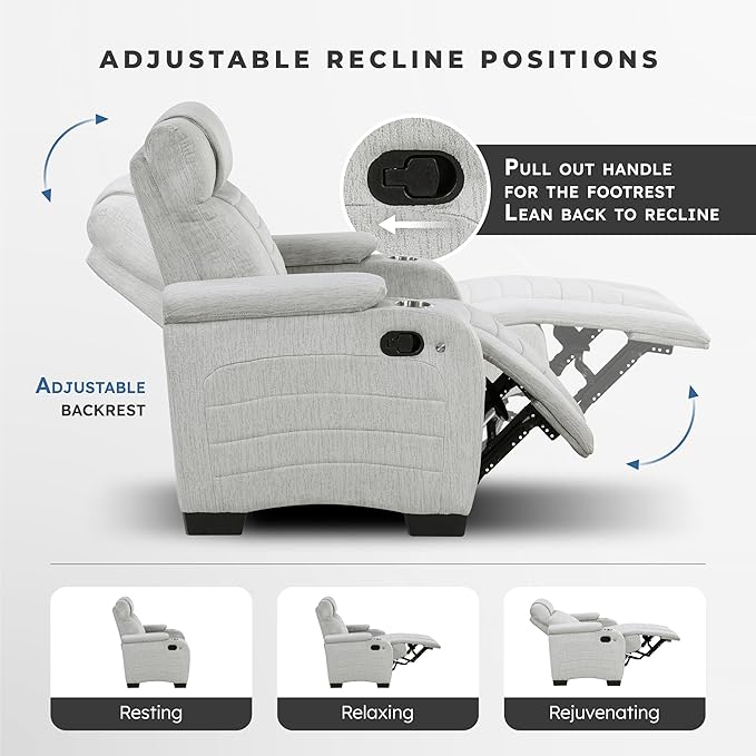 Lexicon Wall Hugger Manual Double Reclining Loveseat with Console Microfiber Home Theater Seating with Cup Holders/Hidden Arm Storage/Wireless Speakers/LED Base Lighting for Living Room Light Gray