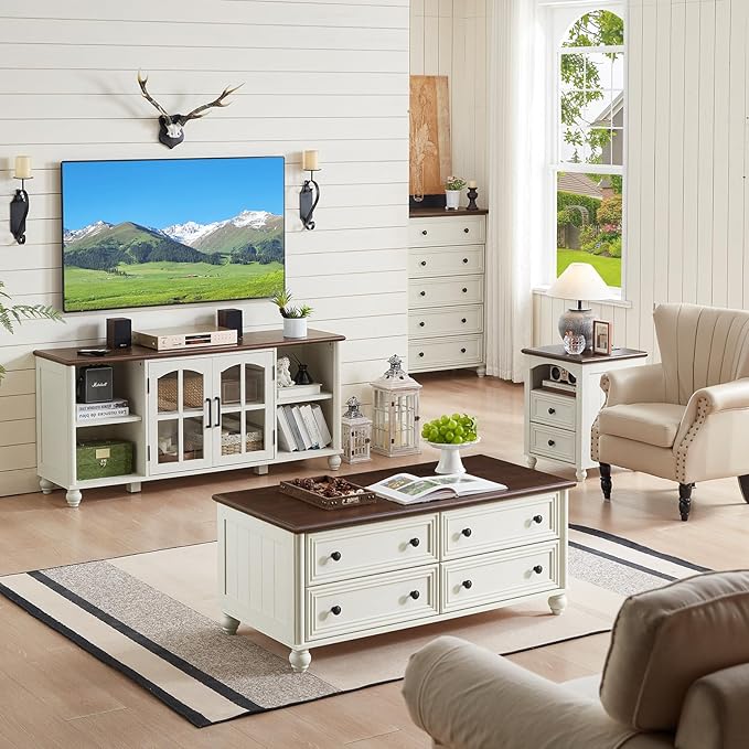 Farmhouse TV Stand for 60 Inch TV Wood Entertainment Center with Glass Door Storage Cabinet &amp Adjustable ShelvesTelevision Stands for 65 TVS TV Console Table for Living RoomBedroomWhite