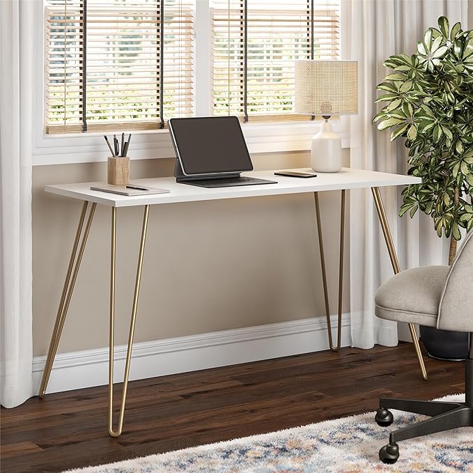 Writing Desk White and Gold - Minimalist Industrial Hairpin Leg Desk Sturdy Engineered Wood Desktop Compact Home Office Study Table Laptop Workstation