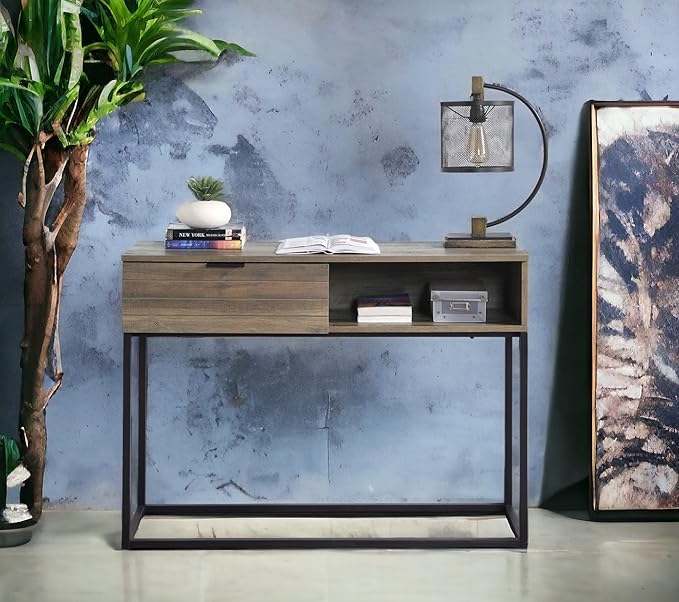 Penau Rustic Oak Writing Desk with Black Metal Legs Compact Home Office Desk Modern Industrial Style Ample Storage Space