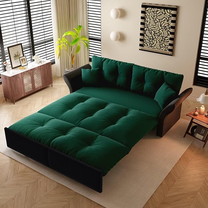 74.8 Queen Velvet Pull Out Sofa Bed 3-in-1 Convertible Sleeper Tufted Couch with 2 Soft Pillows Multi-Functional Folding Loveseat Bed Green