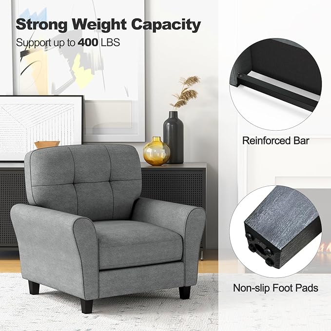 Giantex Modern Mid-Century Accent Chair - Linen Living Room Chair with Tufted Back 7 Thick Cushion Max Load 400 lbs Upholstered Armchair with Non-Slip Foot Pads Club Chair for Bedroom Grey