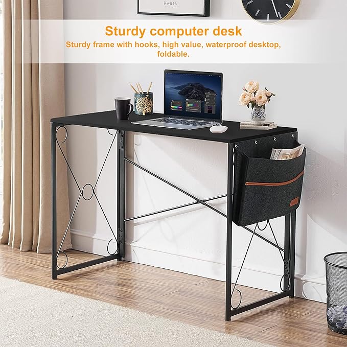 VECELO 39 Inch Folding Desk Simple Assembly Desk Writing Computer Desk for Home Office Study Office Desk Foldable Table for Small Spaces Black