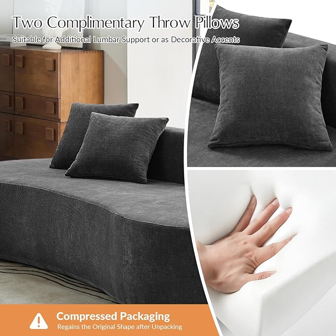 HULALA HOME 94.5 Curved Boneless Couch with Two Pillows Oversized 3 Seater Compressed Foam Sofa with Deep Seat Modern Cloud Couch for Living Room No Assembly Required Charcoal