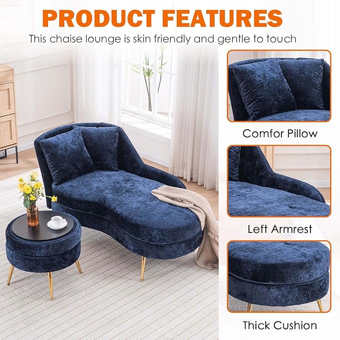 Chaise Lounge Chair Indoor Chenille Upholstered Chair with Left Armrest &amp Pillow Modern Lounge Chairs Sofa with Footstool for Living Room Bedroom Office (Blue)