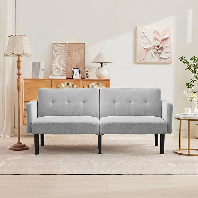 Convertible Futon Sofa Bed 75.5” Linen Flannel Loveseat Couch Bed With Solid Wood Legs &amp 700lbs Capacity Modern Adjustable Folding Recliner Sleeper Sofa for Living Room Apartment Office - Gray
